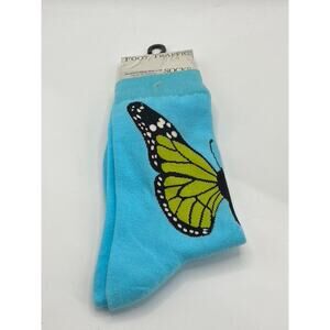 FOOT TRAFFIC Women's Light Blue-Green Butterfly Crew Socks SZ 4-10